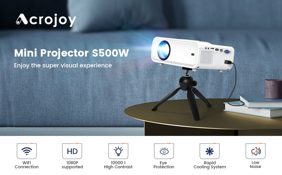Video Projector, Acrojoy Sunspark 500W WiFi Mini Projector with Tripod
